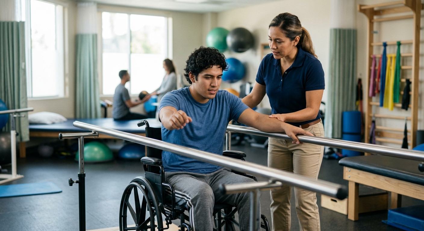 Joven en silla de ruedas junto a un fisioterapeuta en un gimnasio de rehabilitación de lesiones medulares.