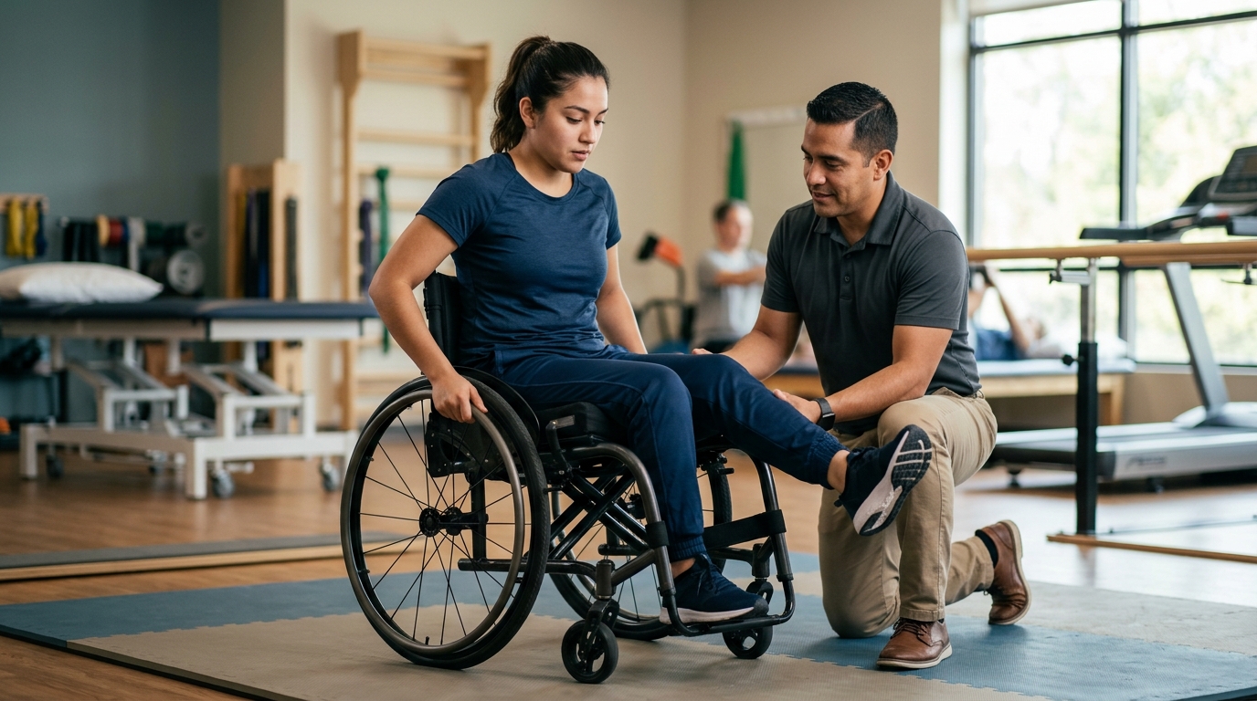 Joven en silla de ruedas junto a un fisioterapeuta en un gimnasio de rehabilitación de lesiones medulares.