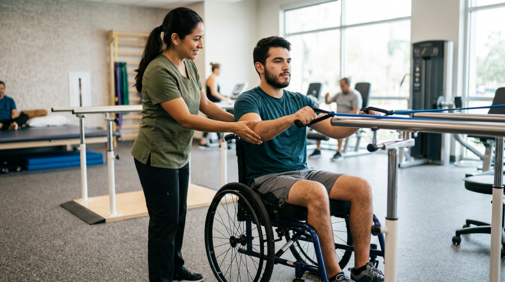 Joven en silla de ruedas junto a un fisioterapeuta en un gimnasio de rehabilitación de lesiones medulares.