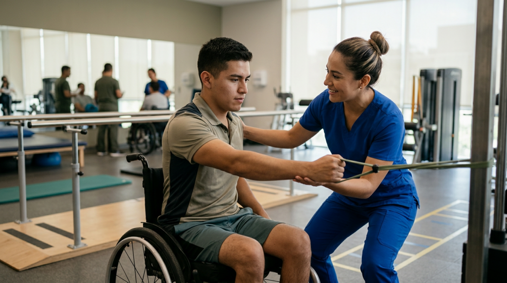 Joven en silla de ruedas junto a un fisioterapeuta en un gimnasio de rehabilitación.