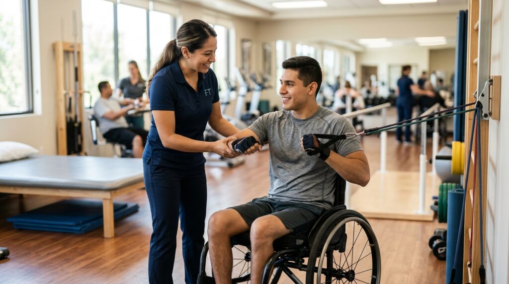 Joven en silla de ruedas junto a un fisioterapeuta en un gimnasio de rehabilitación de lesiones medulares.
