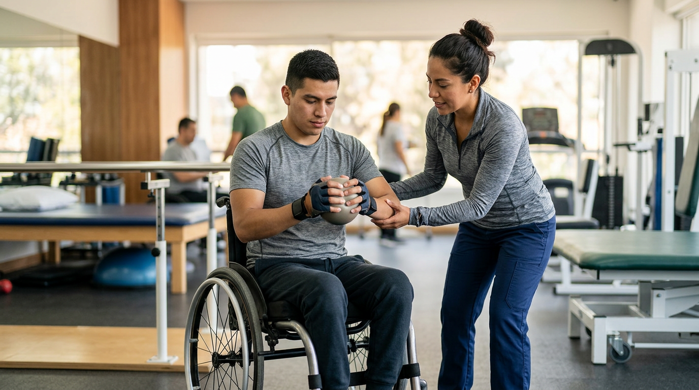 Joven en silla de ruedas junto a un fisioterapeuta en un gimnasio de rehabilitación de lesiones medulares.
