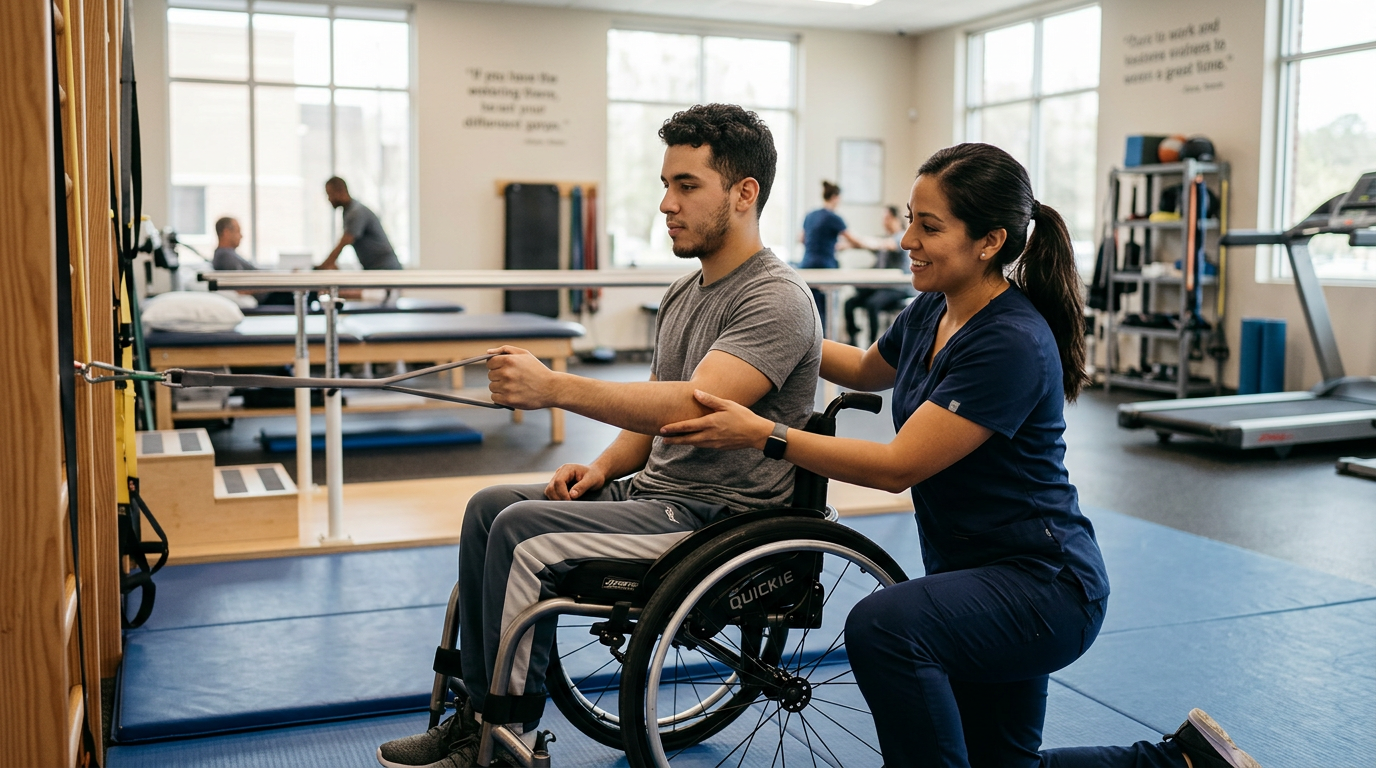 Joven en silla de ruedas junto a un fisioterapeuta en un gimnasio de rehabilitación de lesiones medulares.