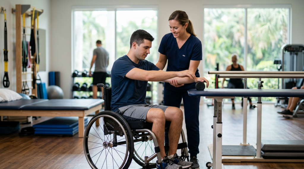 Joven en silla de ruedas junto a un fisioterapeuta en un gimnasio de rehabilitación por lesión medular.