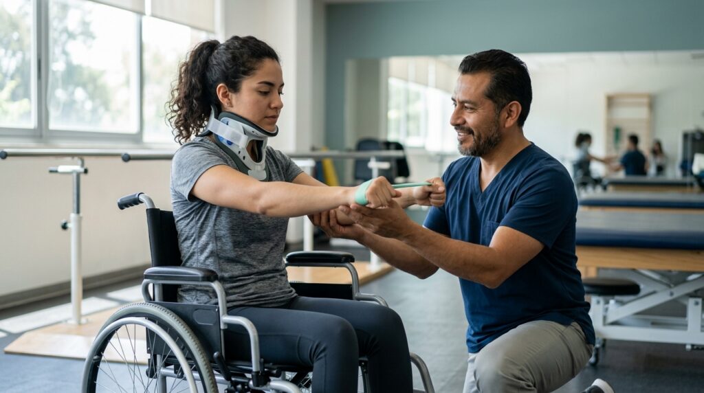 Joven en silla de ruedas junto a un fisioterapeuta en un gimnasio de rehabilitación de lesiones medulares.