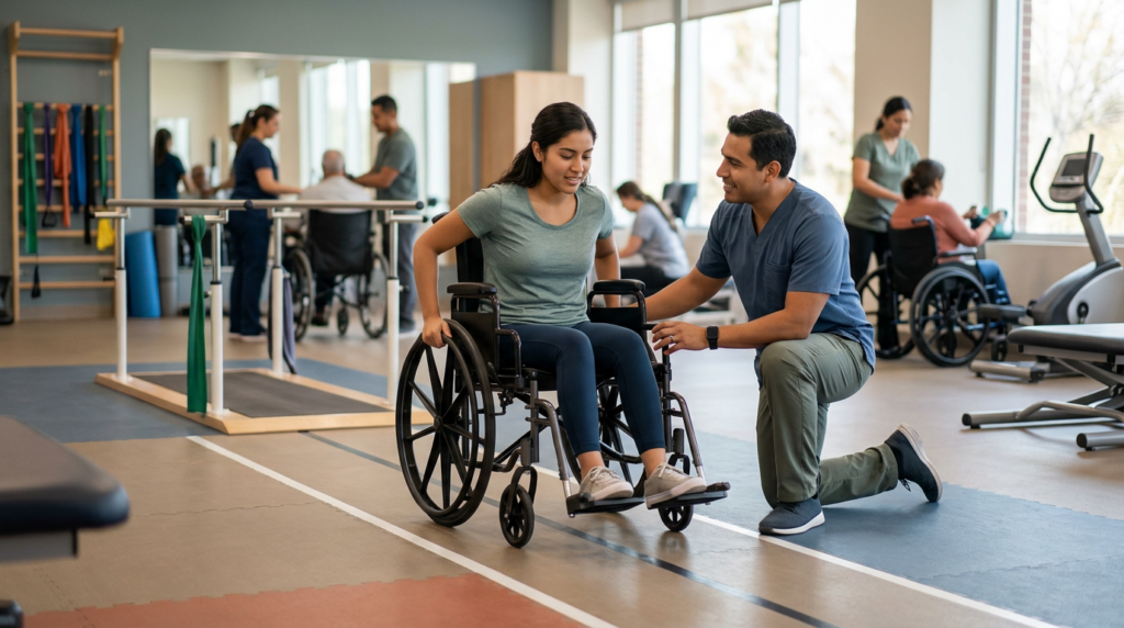 Joven en silla de ruedas junto a un fisioterapeuta en un gimnasio de rehabilitación de lesiones medulares.