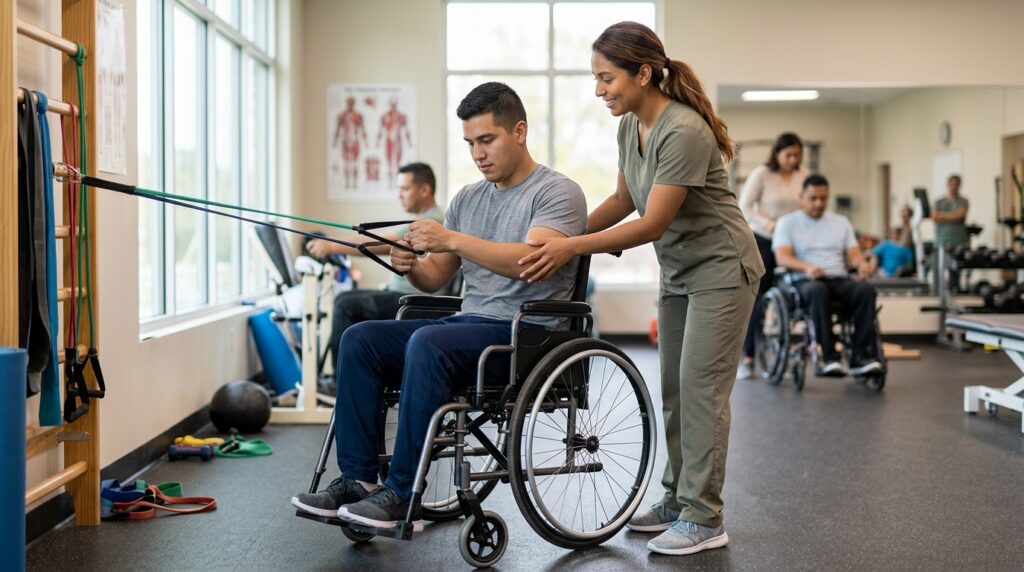 Joven en silla de ruedas junto a un fisioterapeuta en un gimnasio de rehabilitación de lesiones medulares.