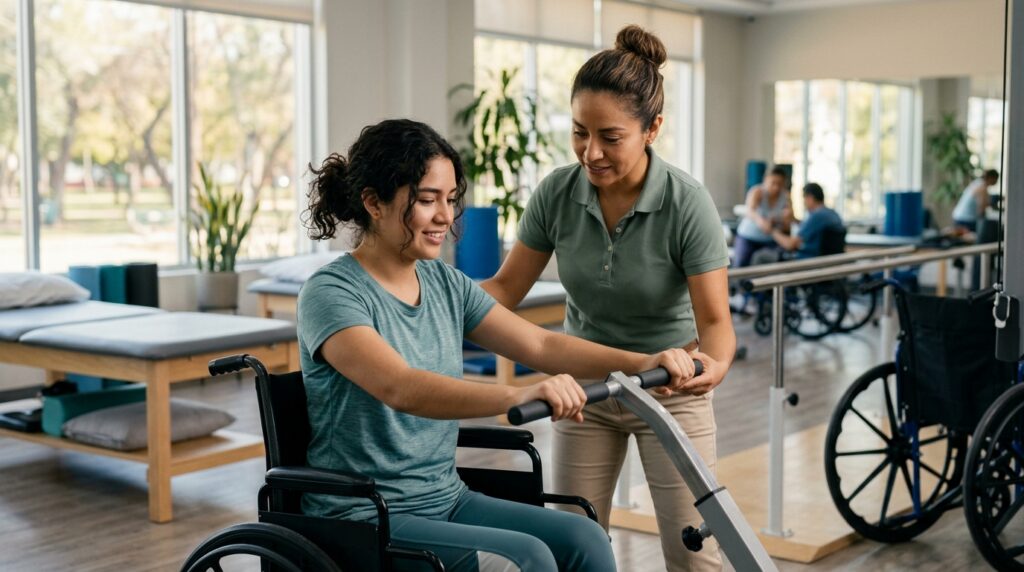 Joven en silla de ruedas junto a un fisioterapeuta en un gimnasio de rehabilitación de lesiones medulares.