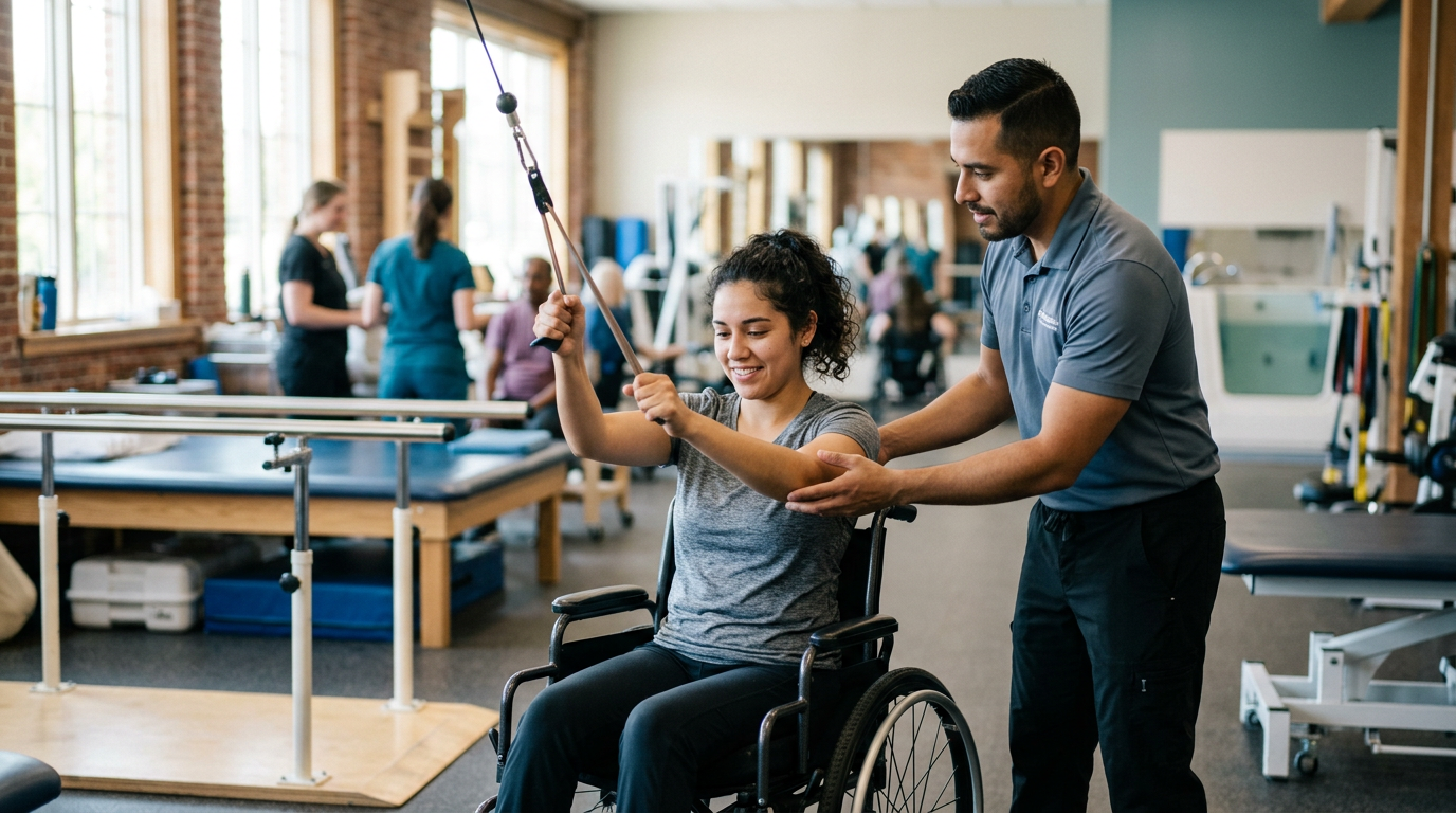 Joven en silla de ruedas junto a un fisioterapeuta en un gimnasio de rehabilitación de lesiones medulares.