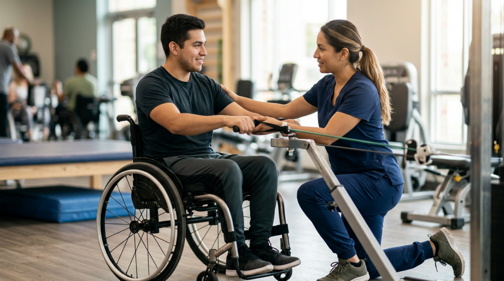 Joven en silla de ruedas junto a una fisioterapeuta en un gimnasio de rehabilitación de lesiones medulares.