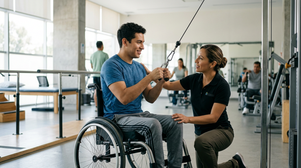 Joven en silla de ruedas junto a una fisioterapeuta en un gimnasio de rehabilitación de lesiones medulares.