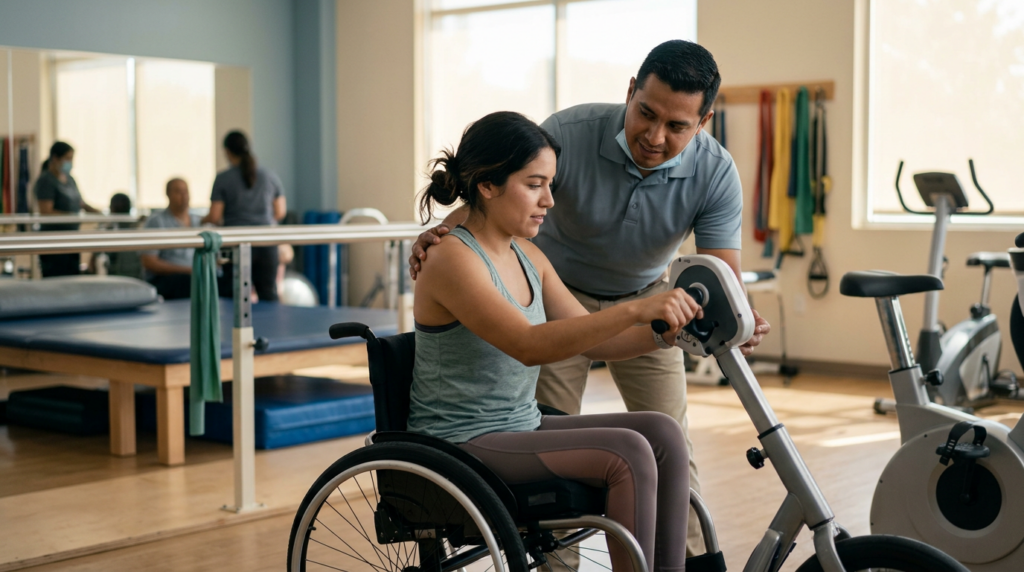 Joven en silla de ruedas junto a una fisioterapeuta en un gimnasio de rehabilitación de lesiones medulares.