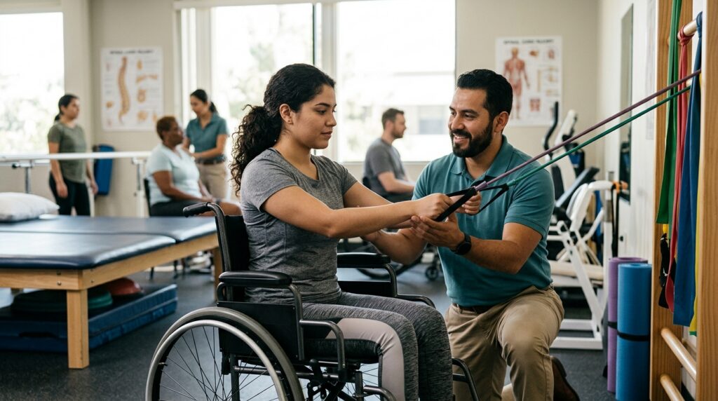 Joven en silla de ruedas junto a una fisioterapeuta en un gimnasio de rehabilitación de lesiones medulares.