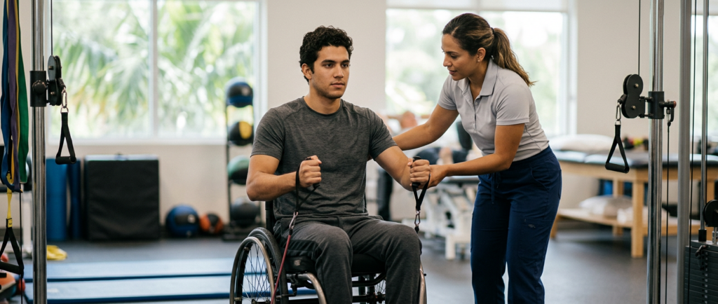 Joven en silla de ruedas junto a una fisioterapeuta en un gimnasio de rehabilitación de lesiones medulares.