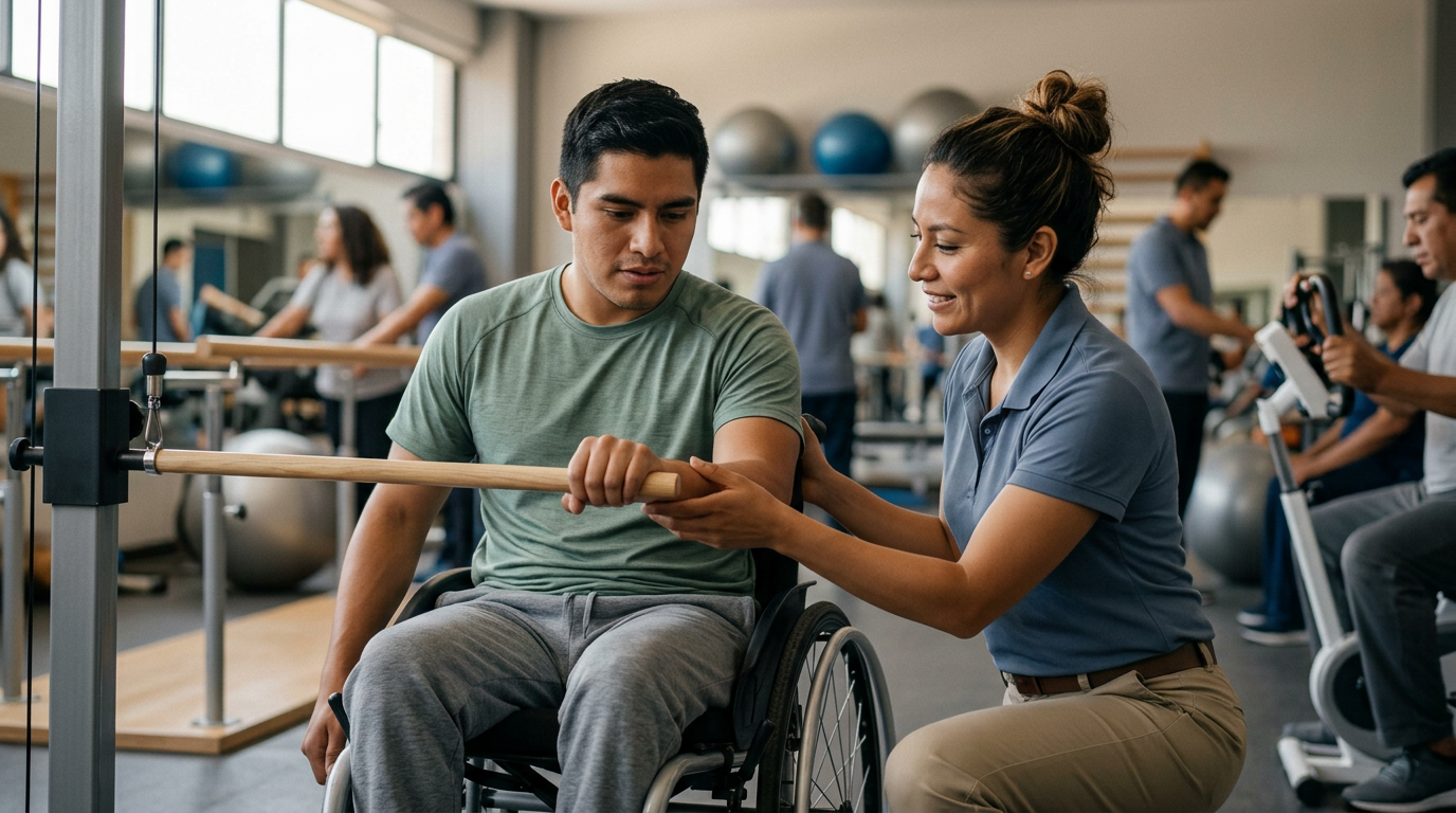 Joven en silla de ruedas junto a una fisioterapeuta en un gimnasio de rehabilitación de lesiones medulares.
