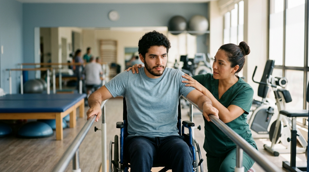 Joven en silla de ruedas junto a una fisioterapeuta en un gimnasio de rehabilitación de lesiones medulares.
