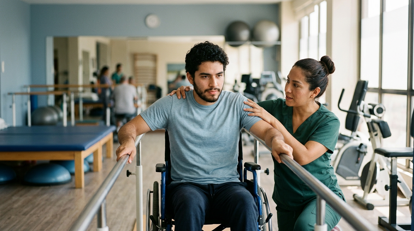 Joven en silla de ruedas junto a una fisioterapeuta en un gimnasio de rehabilitación de lesiones medulares.