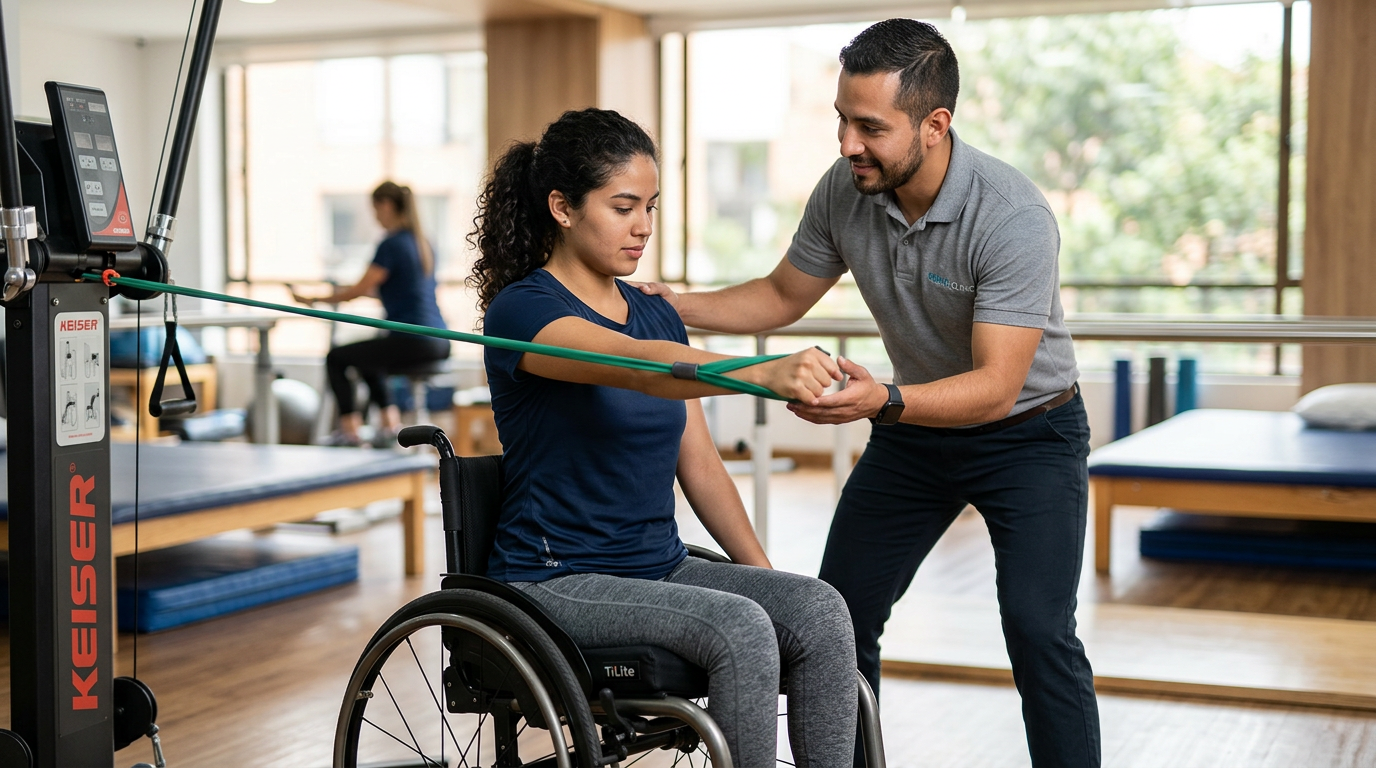 Joven en silla de ruedas junto a una fisioterapeuta en un gimnasio de rehabilitación de lesiones medulares.