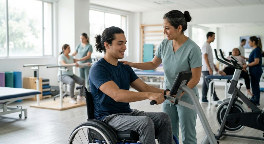 Joven en silla de ruedas realiza rehabilitación de lesión medular con fisioterapeuta en un gimnasio.