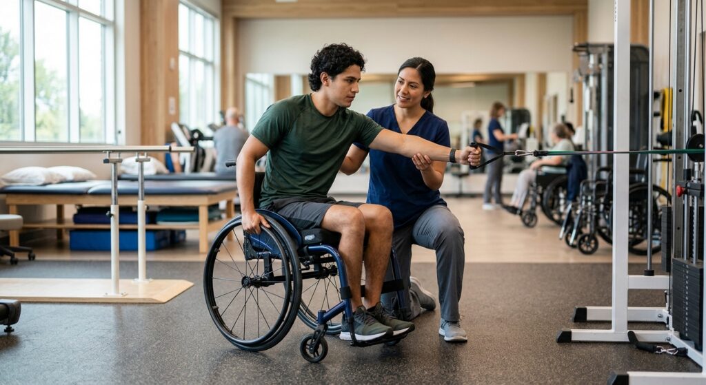Joven en silla de ruedas realiza rehabilitación de lesión medular junto a un fisioterapeuta en un gimnasio.