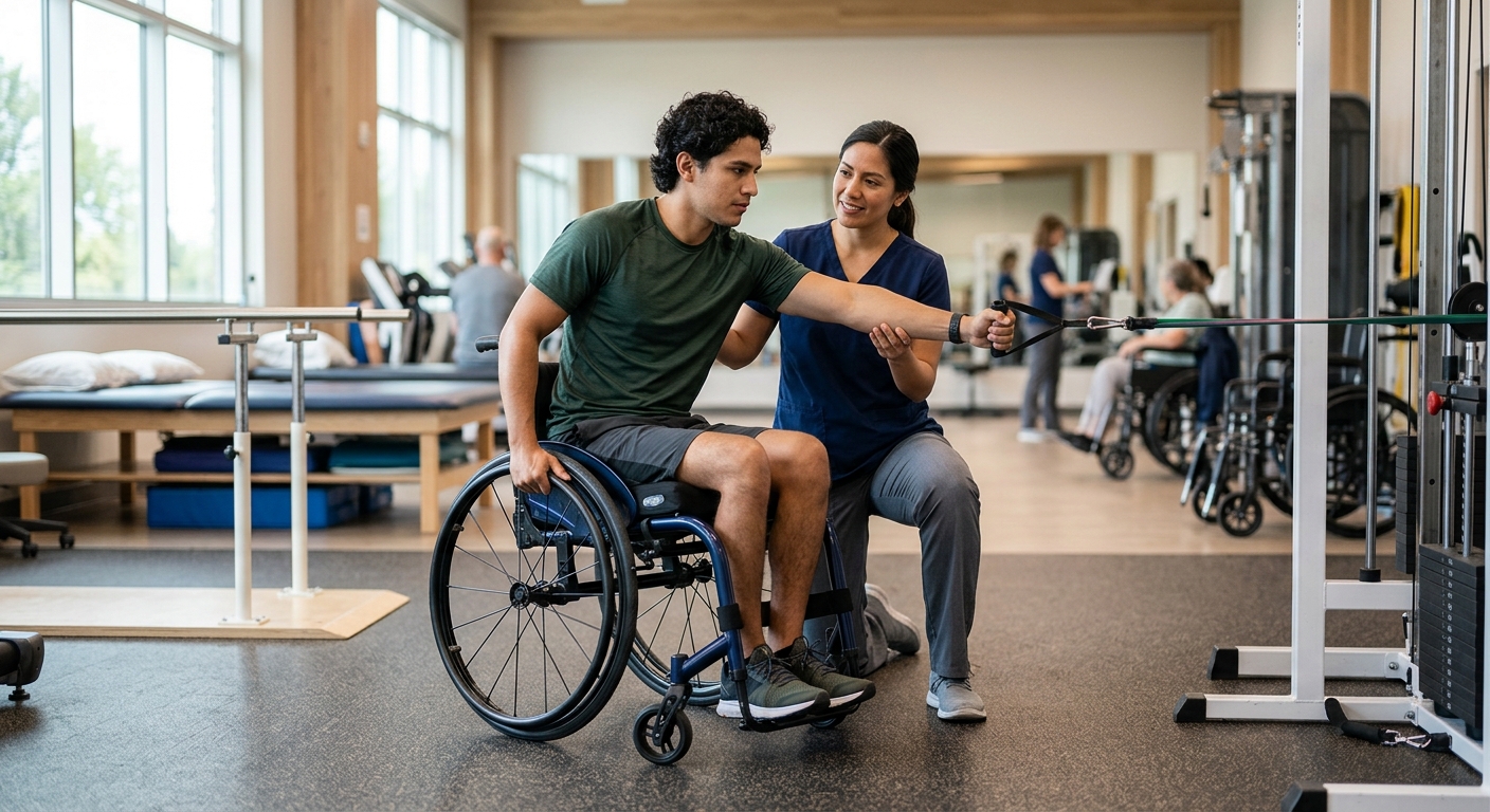 Joven en silla de ruedas realiza rehabilitación de lesión medular junto a un fisioterapeuta en un gimnasio.