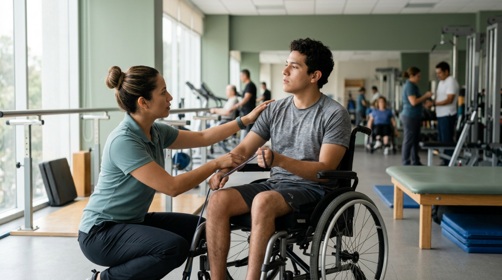 Joven en silla de ruedas realiza rehabilitación por lesión medular junto a fisioterapeuta en un gimnasio.