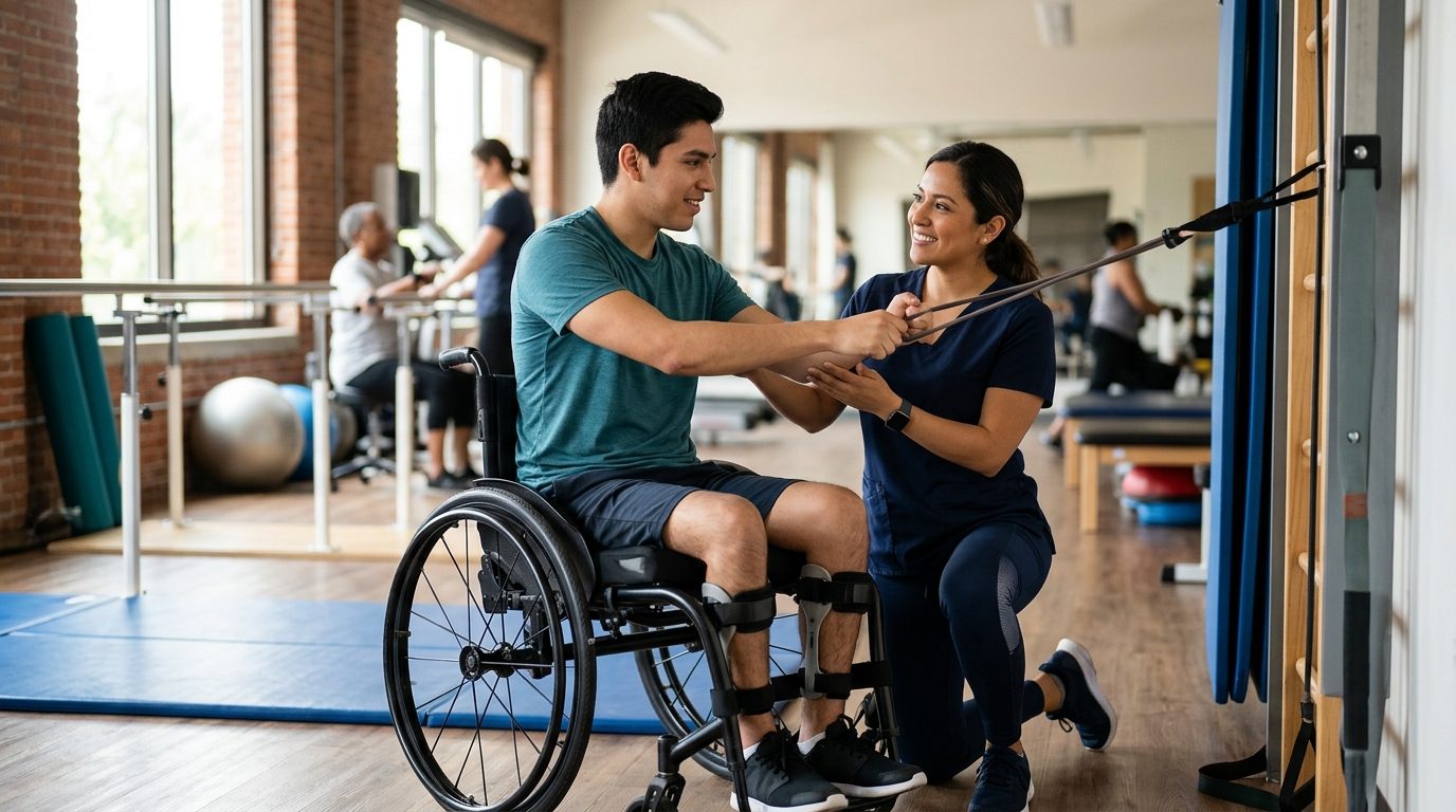 Joven en silla de ruedas realizando ejercicios de rehabilitación con fisioterapeuta en gimnasio especializado.