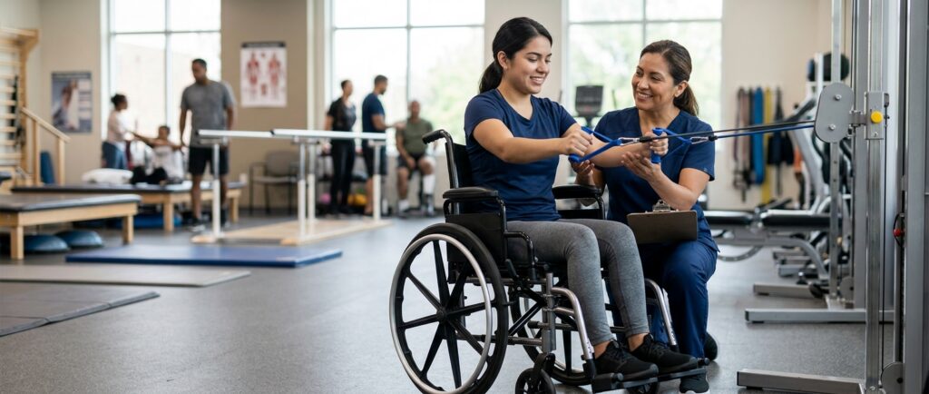 Joven en silla de ruedas realizando rehabilitación con fisioterapeuta en un gimnasio especializado.