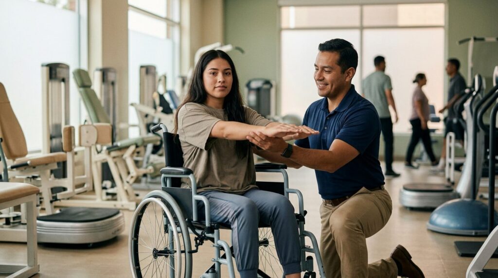 Joven en silla de ruedas realizando rehabilitación con terapeuta en gimnasio de lesión medular.