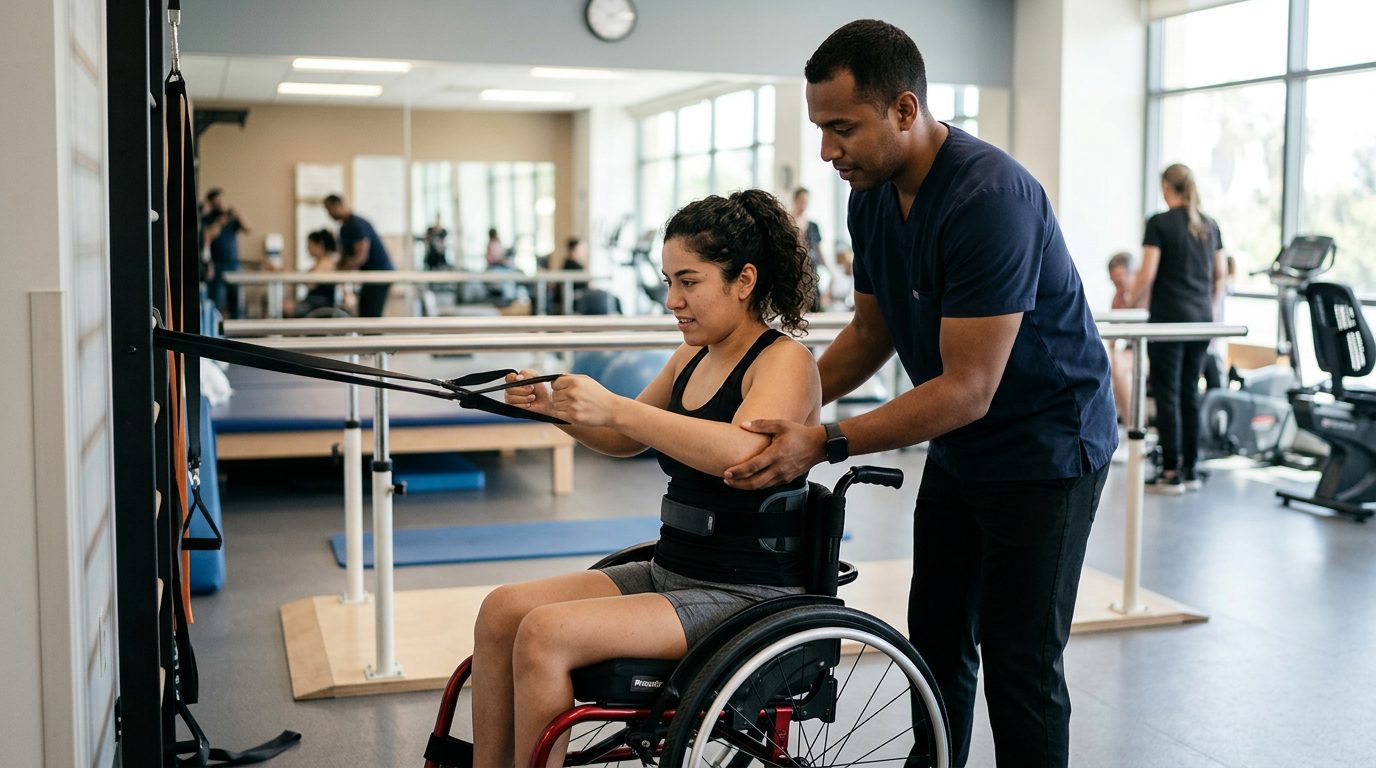 Joven en silla de ruedas realizando rehabilitación con terapeuta en gimnasio de lesiones medulares.