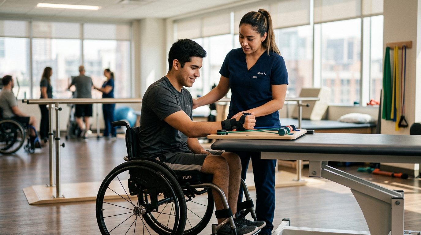 Joven en silla de ruedas realizando rehabilitación con terapeuta físico en gimnasio.