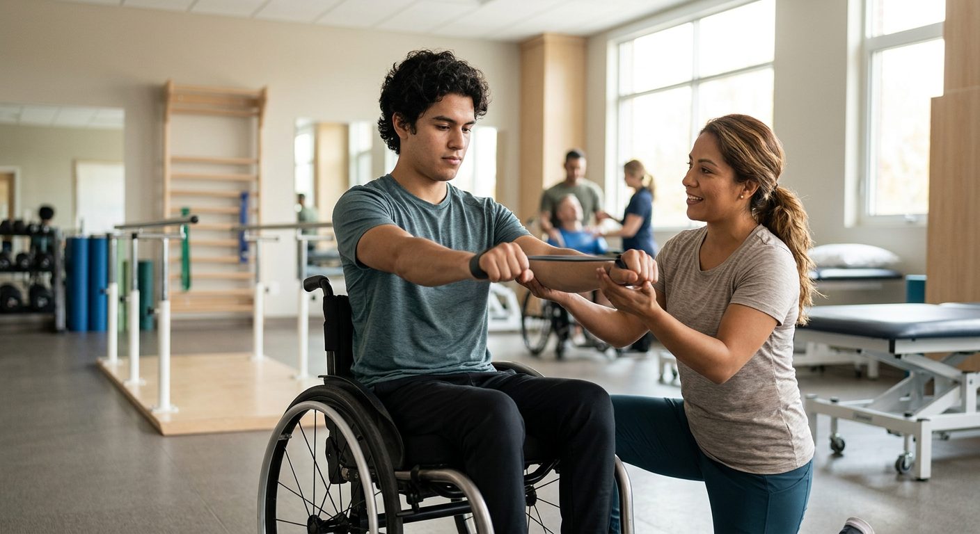 Joven en silla de ruedas realizando rehabilitación con terapeuta en gimnasio de lesión medular.