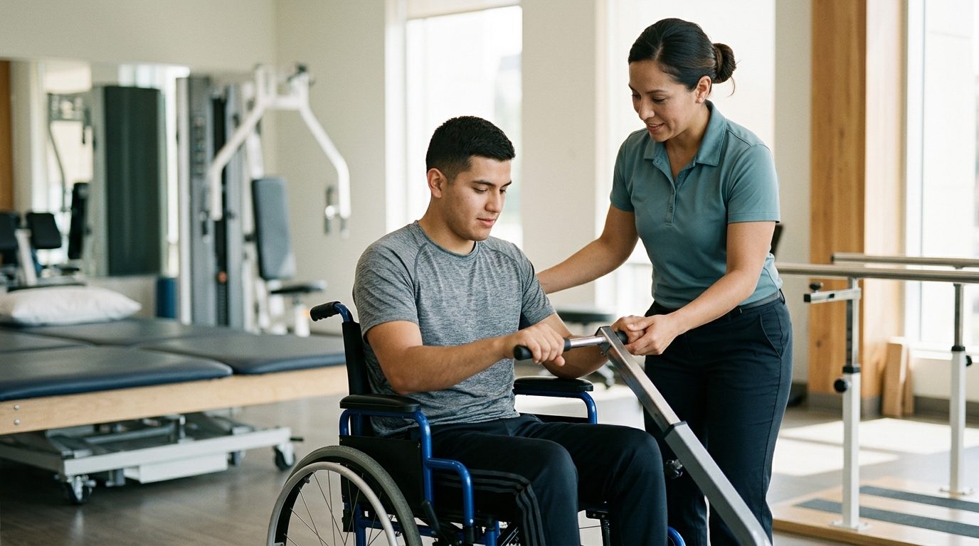Joven en silla de ruedas realizando rehabilitación de columna vertebral con fisioterapeuta.