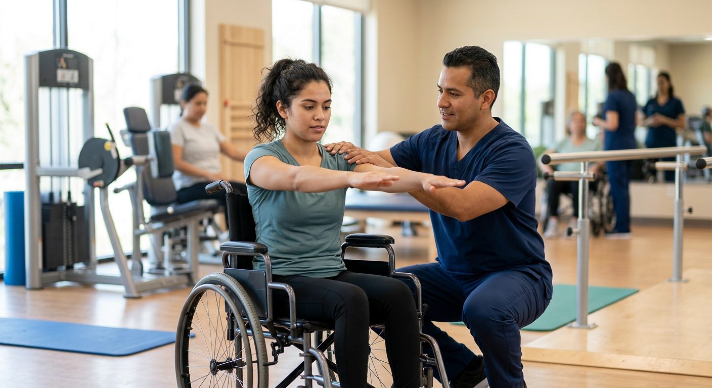 Joven en silla de ruedas realizando rehabilitación de columna con fisioterapeuta en gimnasio.