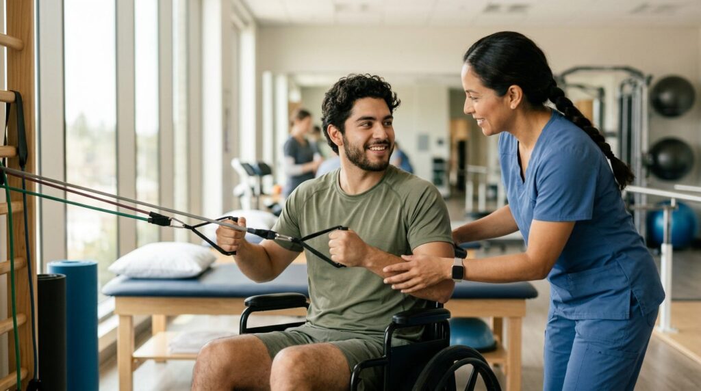 a young adult in a wheelchair in a spinal-cord-injury rehabilitation gym with a physical therapist, featuring Hispanic and Latino people