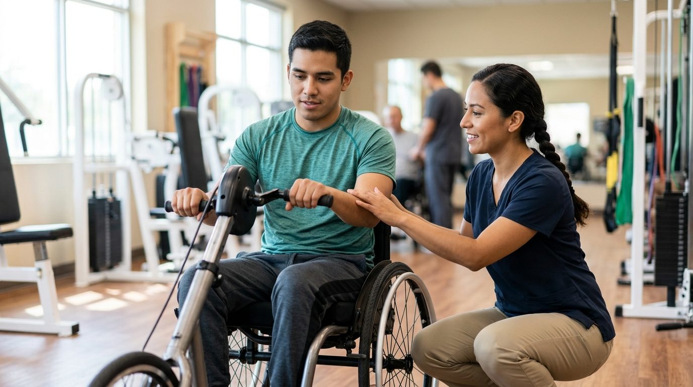 Joven en silla de ruedas realizando rehabilitación de lesión medular con terapeuta físico.