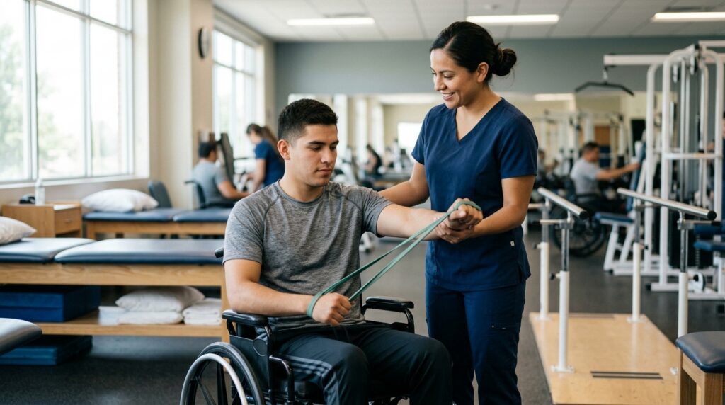 Joven en silla de ruedas realizando rehabilitación de lesión medular con fisioterapeuta en un gimnasio.