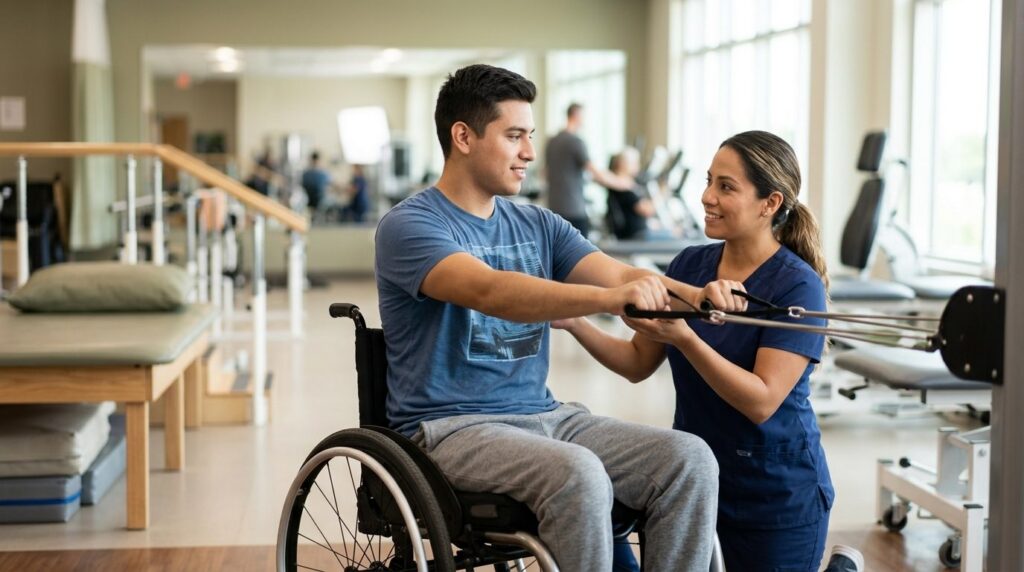 Joven en silla de ruedas realizando rehabilitación de lesión medular con terapeuta.