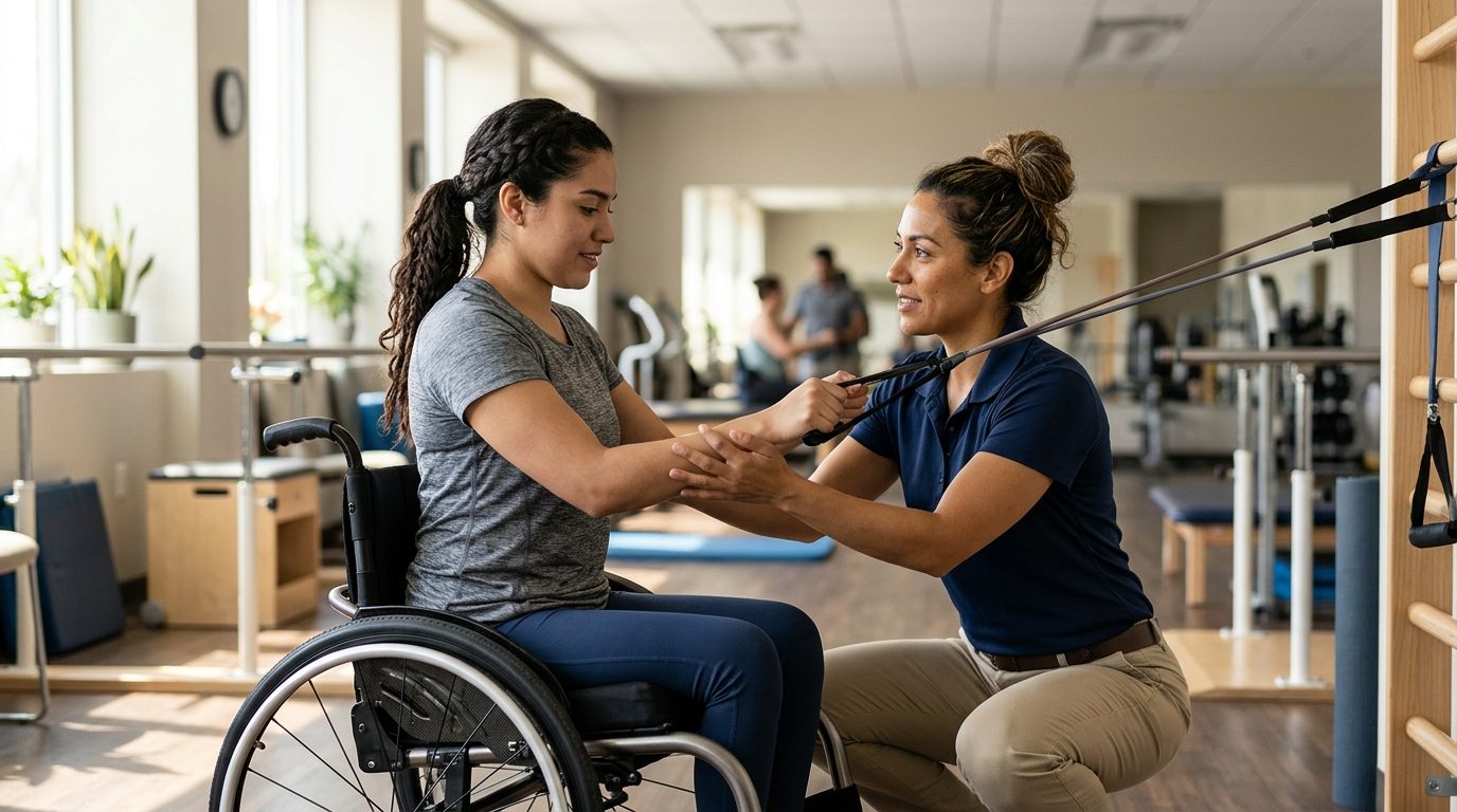 Joven en silla de ruedas realizando rehabilitación de lesión medular con terapeuta físico.