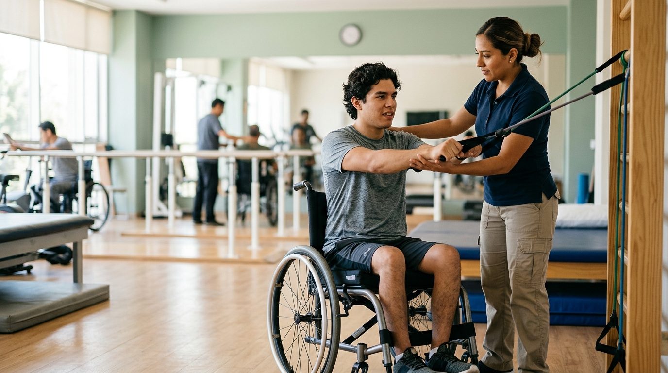 Joven en silla de ruedas realizando rehabilitación de médula espinal con terapeuta físico.