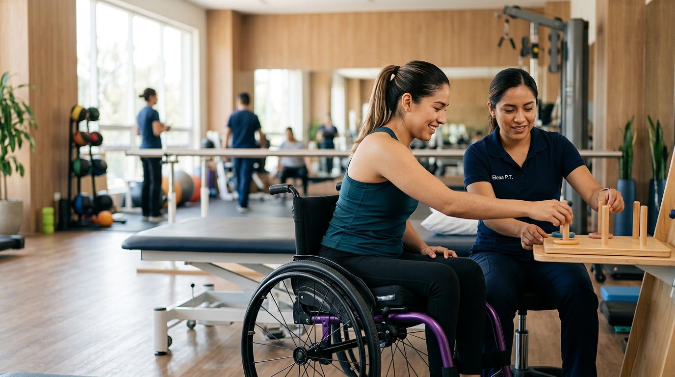 Joven en silla de ruedas realizando terapia física con fisioterapeuta en gimnasio de rehabilitación.