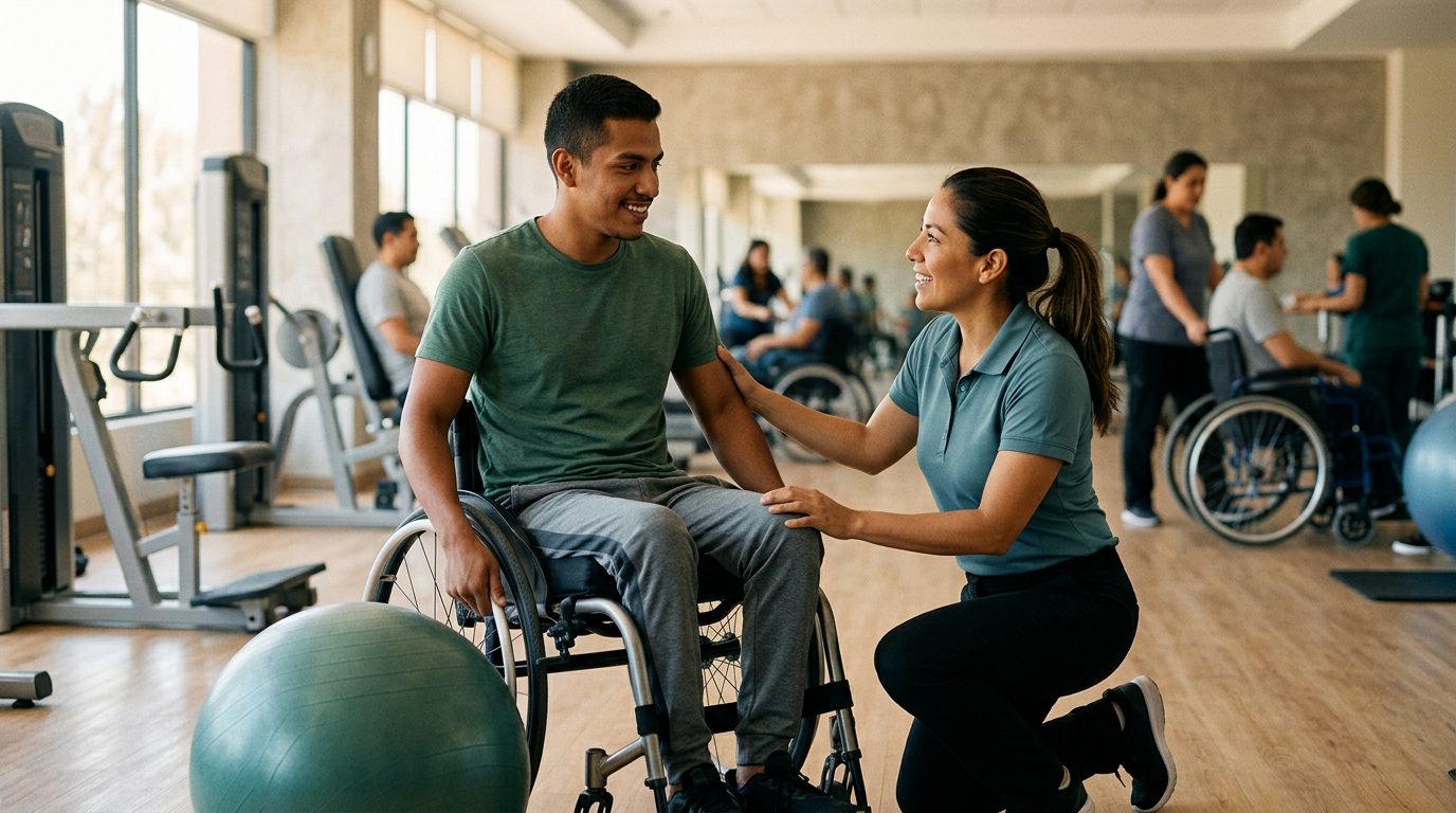 Joven en silla de ruedas realizando terapia física con fisioterapeuta en gimnasio de rehabilitación.