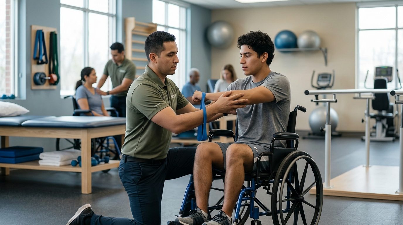Joven en silla de ruedas realizando terapia física con profesional en gimnasio de rehabilitación.