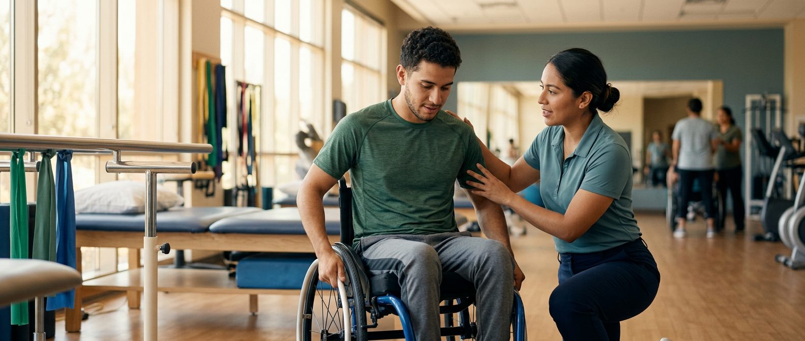 Joven en silla de ruedas realizando terapia física con terapeuta en gimnasio de rehabilitación.