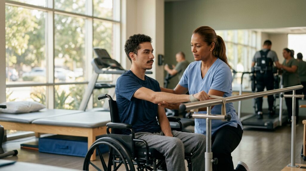 Joven en silla de ruedas trabaja con fisioterapeuta en gimnasio de rehabilitación de lesiones medulares.