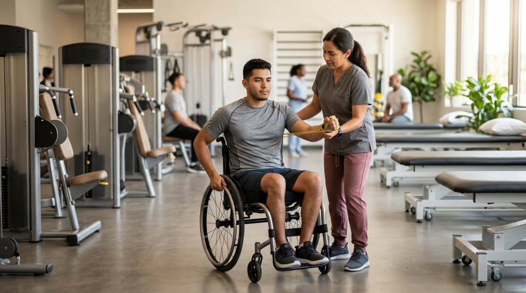 Joven en silla de ruedas trabaja con una fisioterapeuta en un gimnasio de rehabilitación de lesiones medulares.