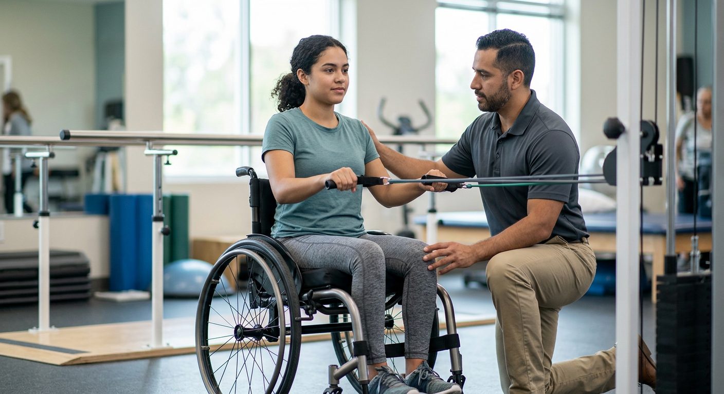 Joven en silla de ruedas trabajando con fisioterapeuta en gimnasio de rehabilitación de médula espinal.