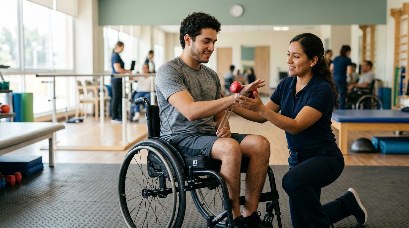Joven en silla de ruedas trabajando con fisioterapeuta en gimnasio de rehabilitación de lesión medular.