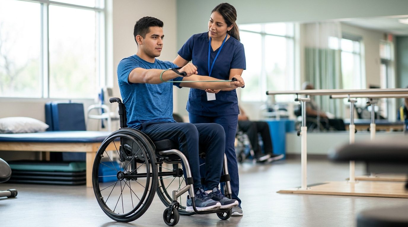 Joven en silla de ruedas trabajando con fisioterapeuta en gimnasio de rehabilitación.