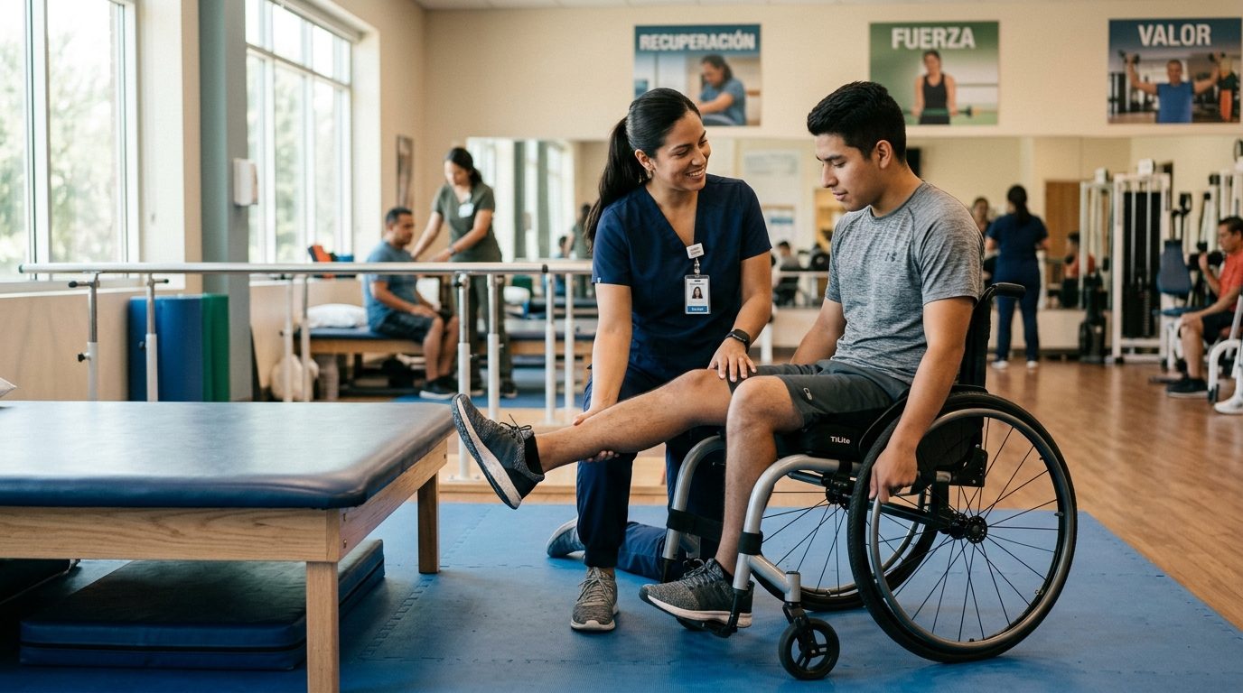 Joven en silla de ruedas trabajando con fisioterapeuta en gimnasio de rehabilitación de lesión medular.